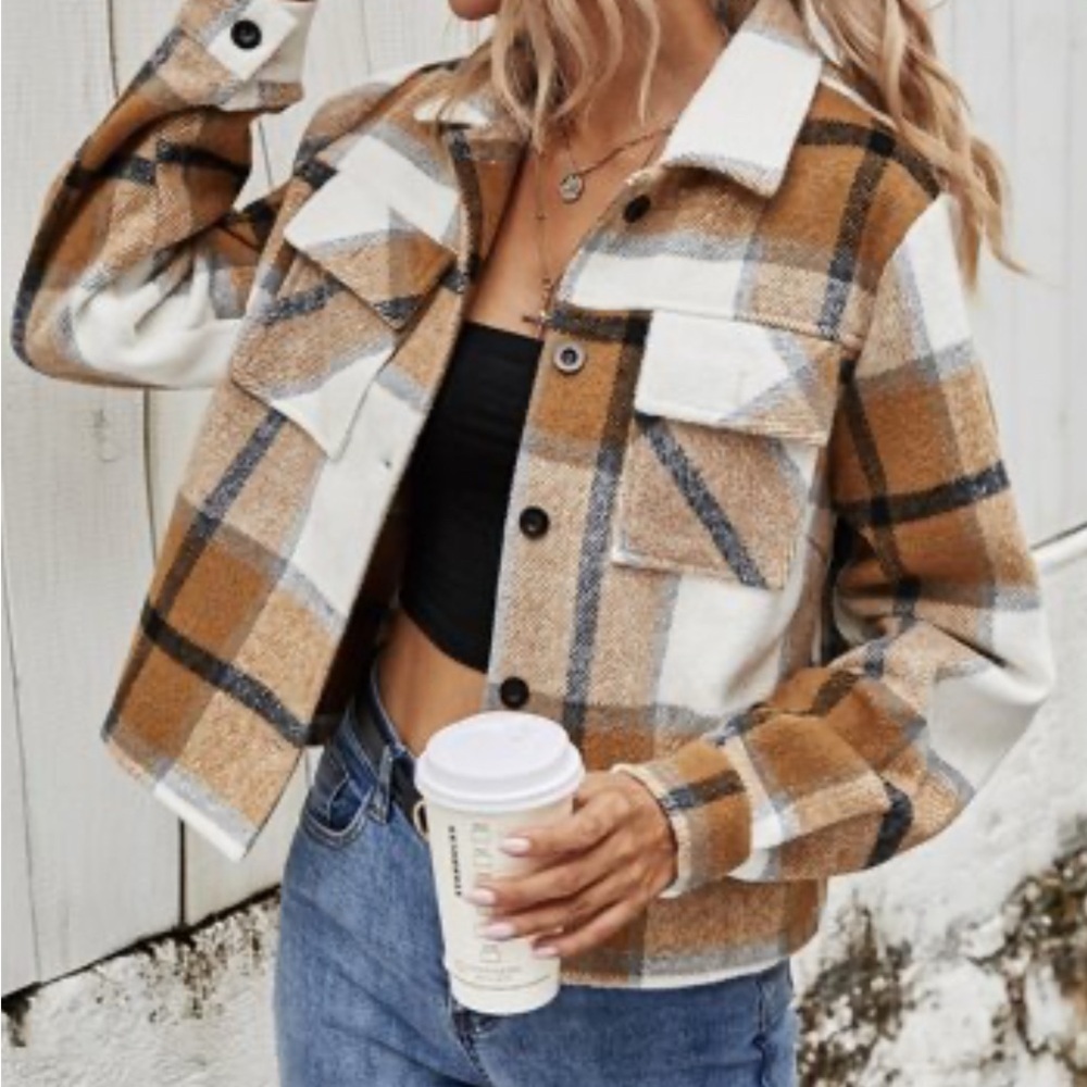 Shein Brown and White Utility Jacket with Plaid Pattern - Picture 3 of 6
